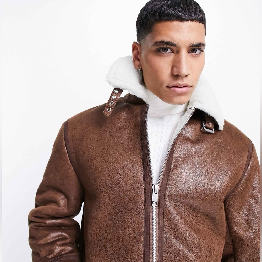 ASOS Flight Jacket In Brown With Ecru Borg Collar - Picture 4 of 4